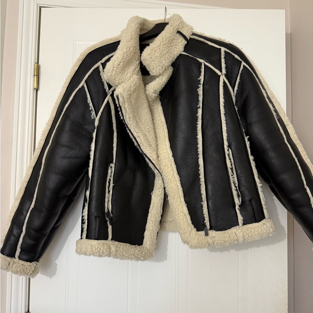 Missguided Sherpa Faux Leather Black and Cream Teddy Jacket